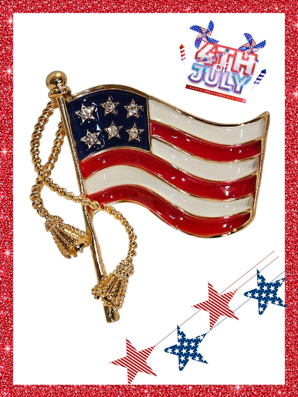 Red, White & Blue Gold Tone American Flag Brooch